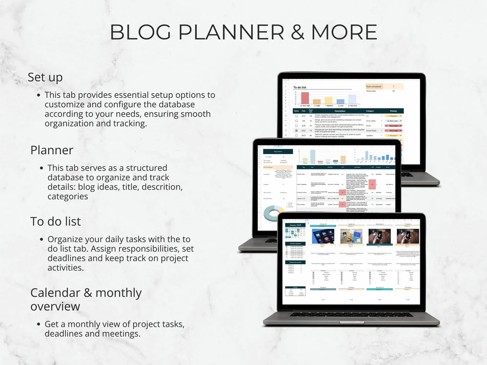 Laptops displaying a blog planner and to-do list on a light gray background