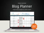 Laptop displaying a blog planner Google Sheets template with a 'Shop Now!' button on a dark background.