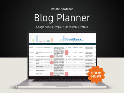 Laptop displaying a blog planner Google Sheets template with a 'Shop Now!' button on a dark background.