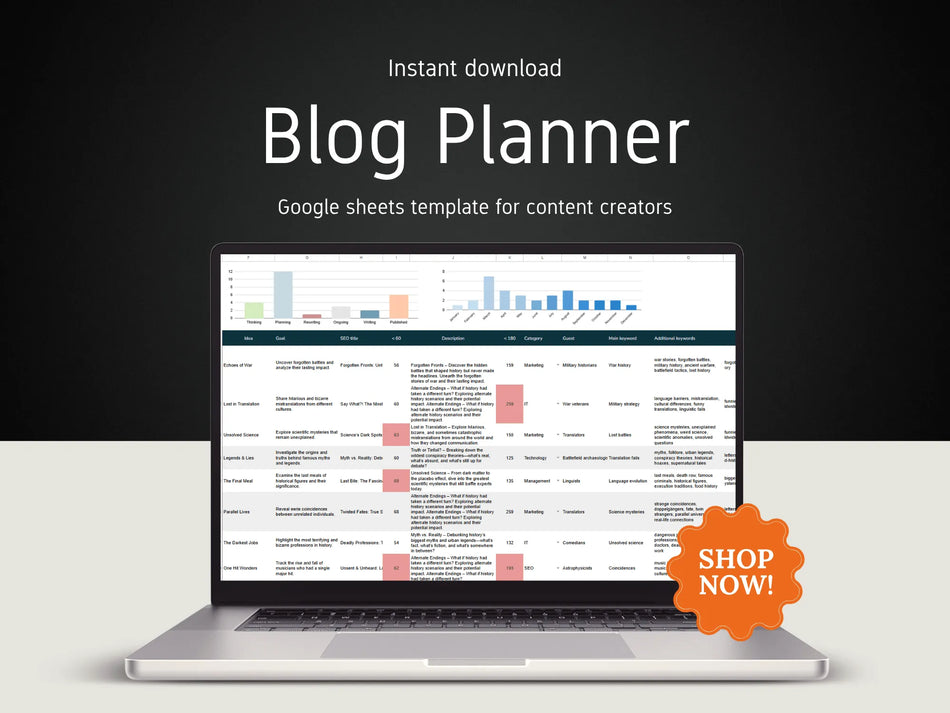 Laptop displaying a blog planner Google Sheets template with a 'Shop Now!' button on a dark background.
