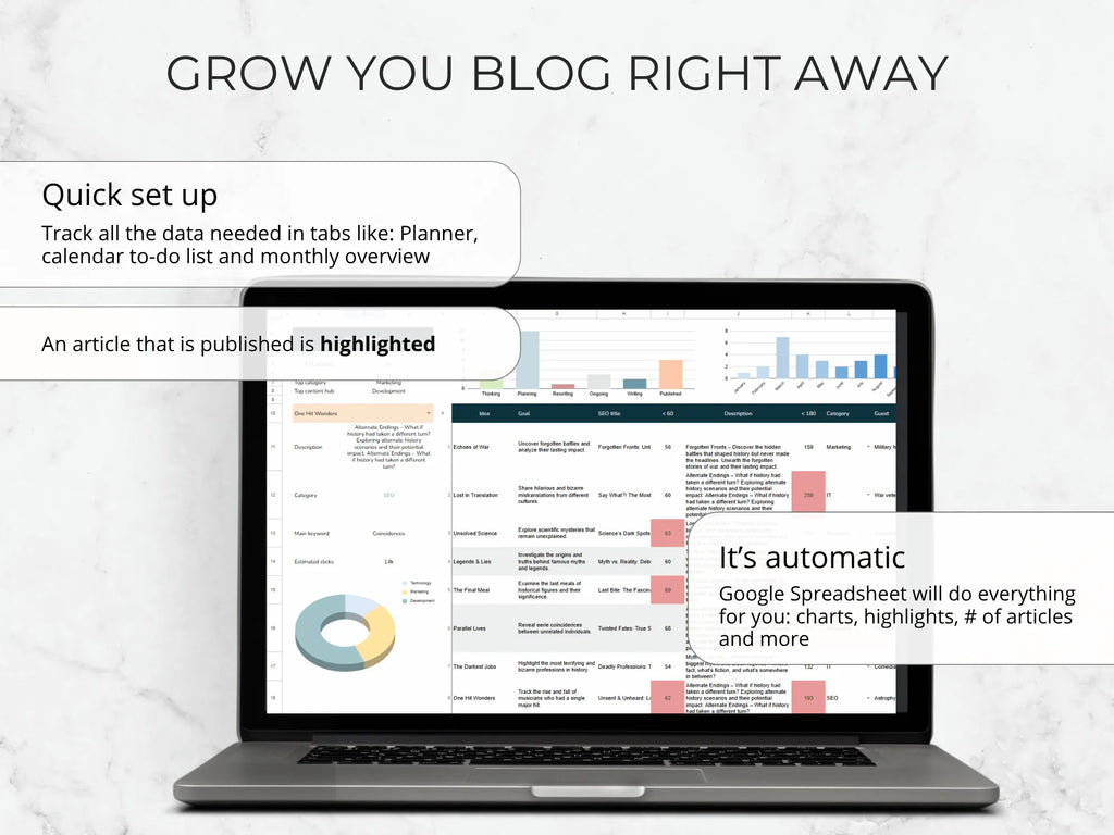 Laptop displaying a Google Spreadsheet with text about blog growth tools on a light gray background