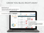 Laptop displaying a Google Spreadsheet with text about blog growth tools on a light gray background