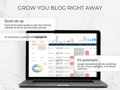 Laptop displaying a Google Spreadsheet with text about blog growth tools on a light gray background