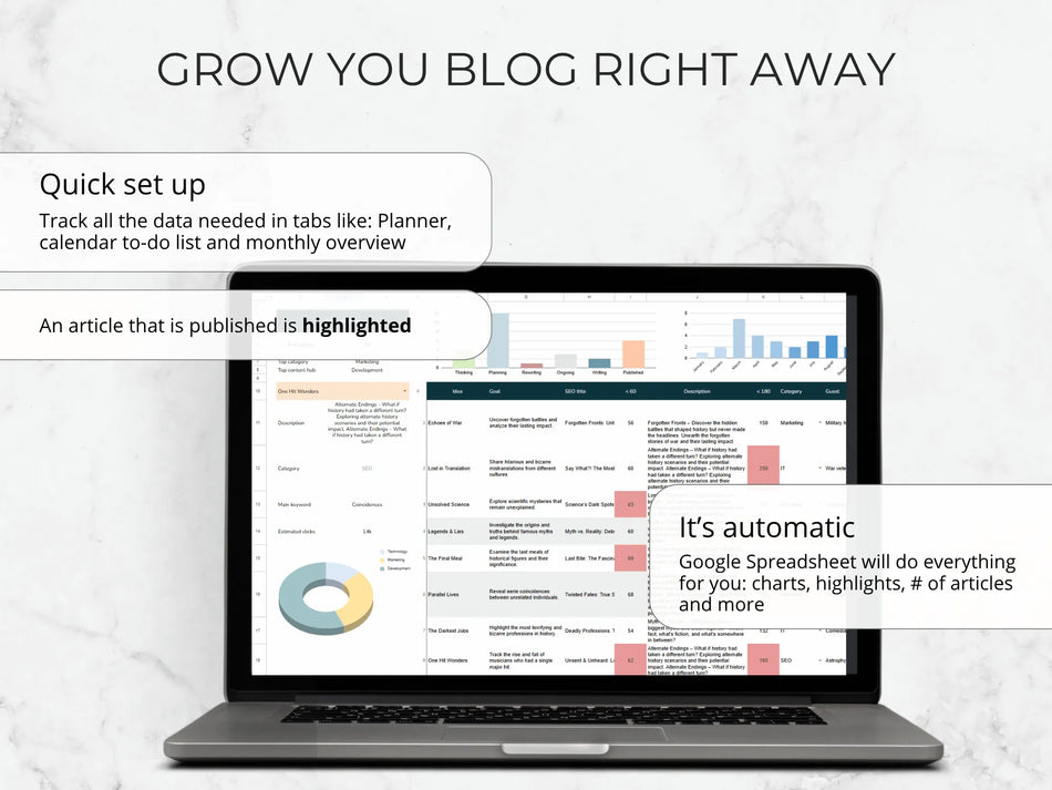 Laptop displaying a Google Spreadsheet with text about blog growth tools on a light gray background