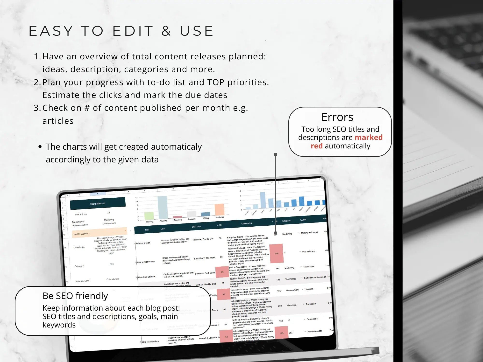 Laptop screen displaying a content management system with text on editing and using the system.