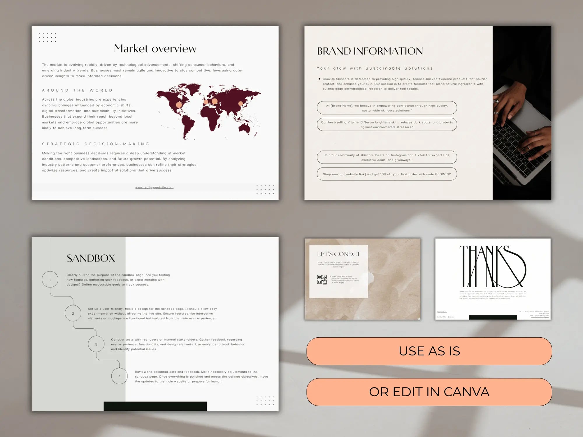 A digital preview of a minimalist presentation template set, showing multiple slide designs in a clean flat-lay arrangement on a neutral gray background. The slides feature a modern aesthetic with off-white backgrounds, dark red accents (such as a world map and a letterhead), and black text.