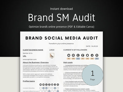 Brand Social Media Audit document with branding elements on a black and white background