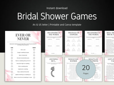 Digital product preview for a bridal shower games printable template set, showing multiple game page designs with pink floral accents on a black background. Text at the top reads 'Instant download Bridal Shower Games' and a gray circle says '20 Pages'.