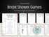Digital product preview for a bridal shower games printable template set, showing multiple game page designs with pink floral accents on a black background. Text at the top reads 'Instant download Bridal Shower Games' and a gray circle says '20 Pages'.