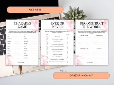 Three printable game/activity sheets with pink floral accents are shown on a styled desk background with a laptop, pen, and succulent. The sheets read 'CHARADES GAME', 'EVER OR NEVER', and 'DECONSTRUCT THE WORDS', with peach callout banners saying 'USE AS IS' and 'OR EDIT IN CANVA'.
