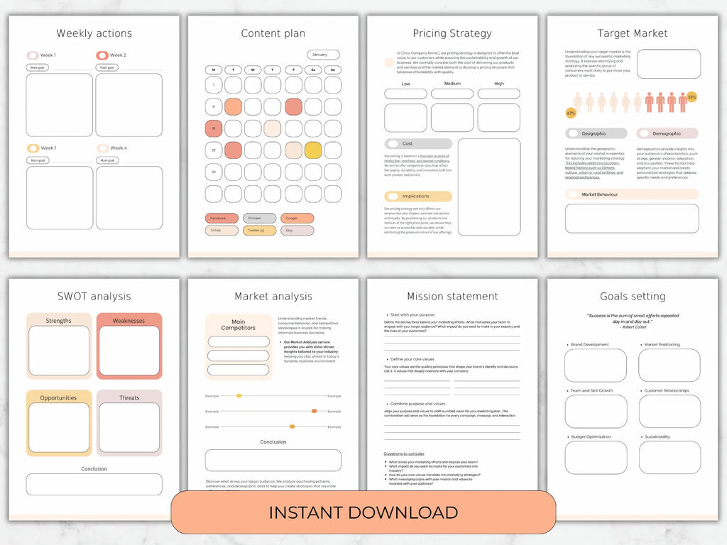 Set of business planning templates with various sections on a white background.