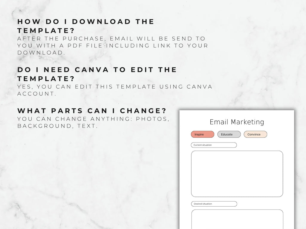 Instructions on how to download and edit a Canva email marketing template with text and a small preview of the template.