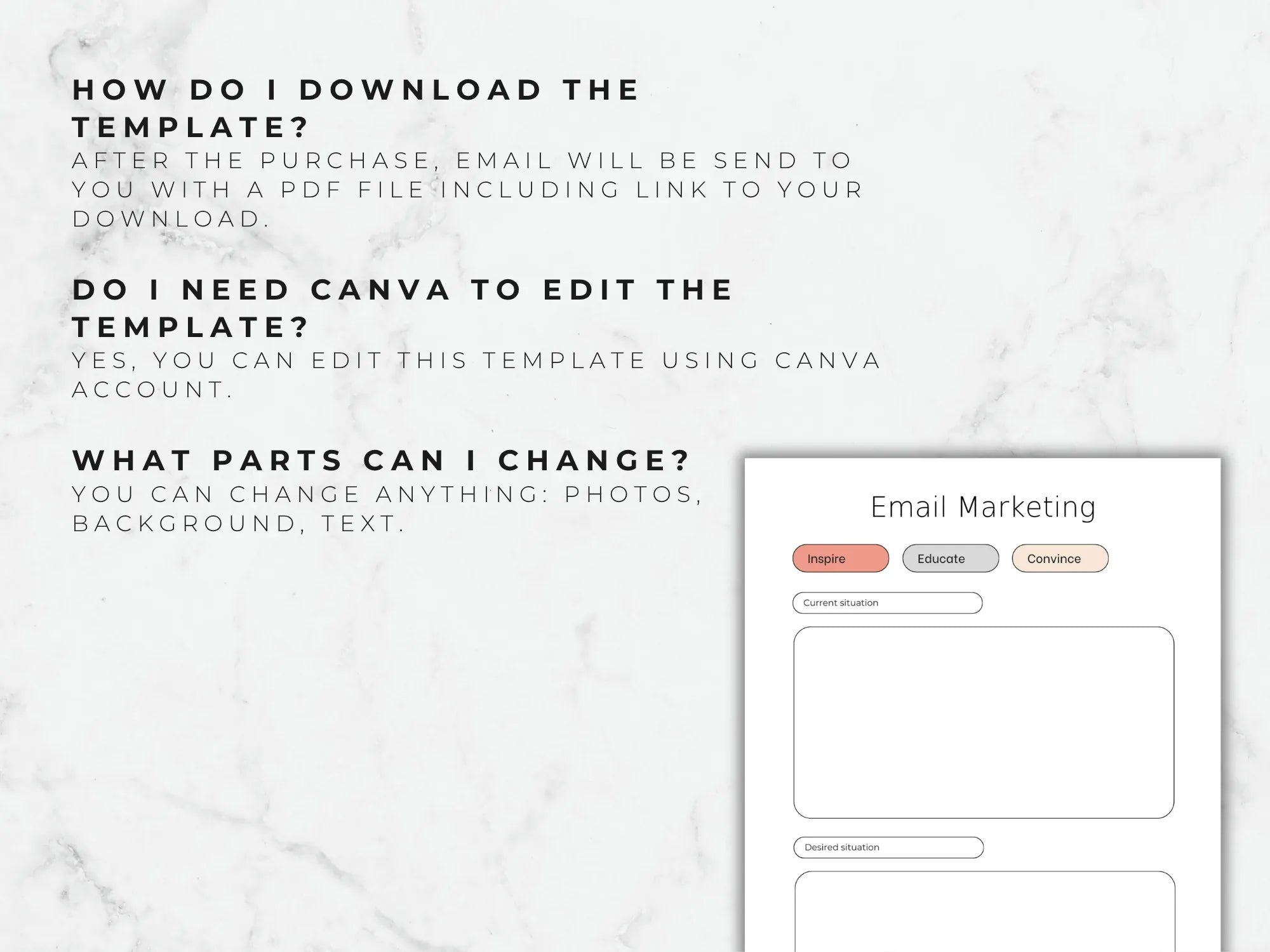 Instructions on how to download and edit a Canva email marketing template with text and a small preview of the template.