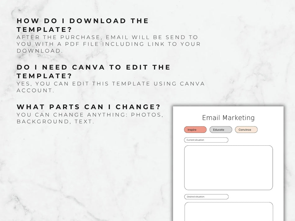 Instructions on how to download and edit a Canva email marketing template with text and a small preview of the template.