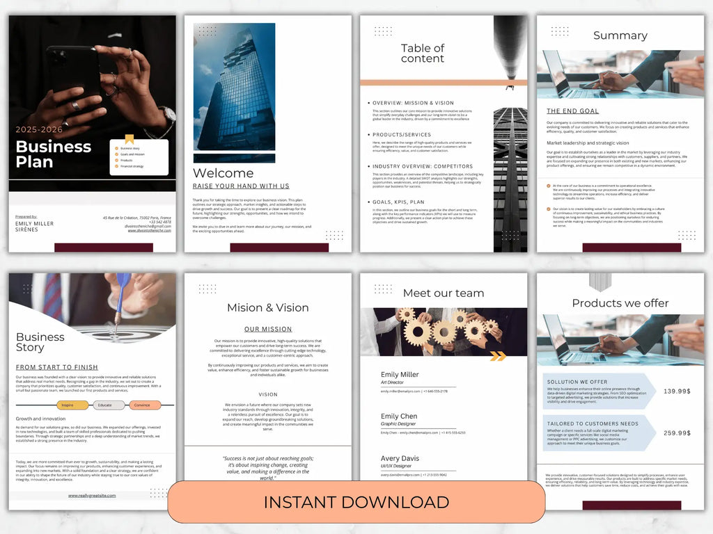 Eight sample pages including a Welcome message, Table of Contents, Team introduction, and Product offerings