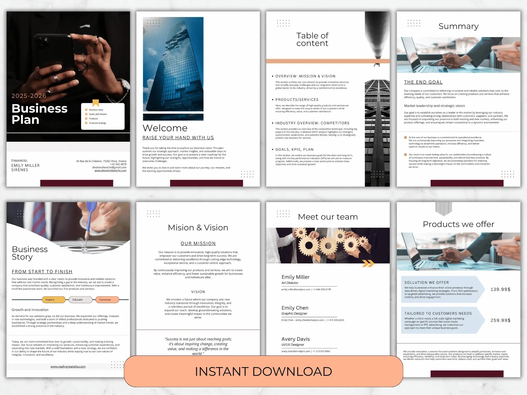 Eight sample pages including a Welcome message, Table of Contents, Team introduction, and Product offerings