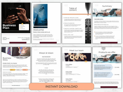 Eight sample pages including a Welcome message, Table of Contents, Team introduction, and Product offerings