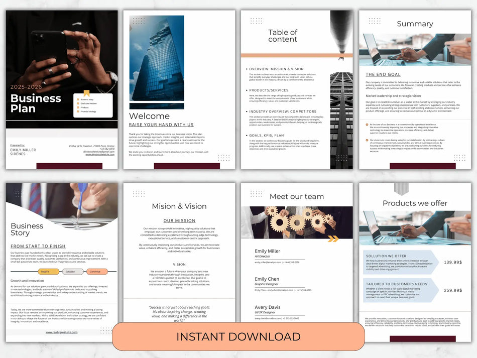 Eight sample pages including a Welcome message, Table of Contents, Team introduction, and Product offerings