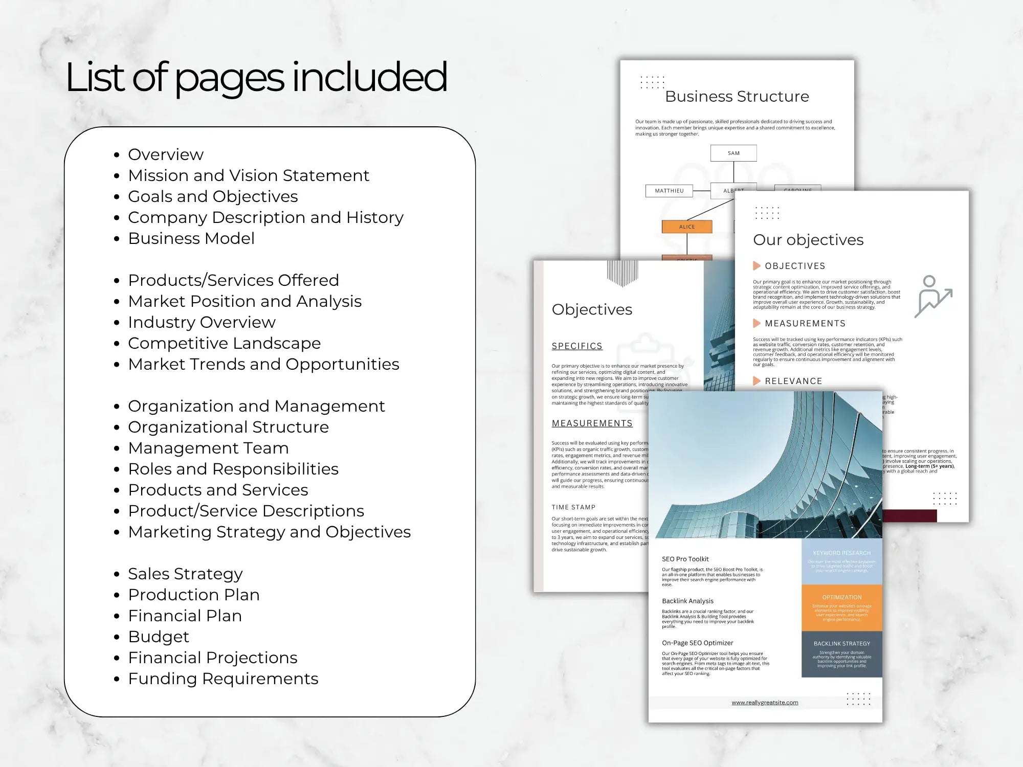 A bulleted list of over 20 sections included in the template, ranging from Mission Statement to Financial Projections