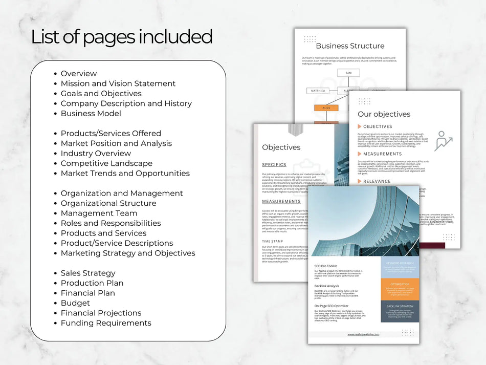 A bulleted list of over 20 sections included in the template, ranging from Mission Statement to Financial Projections