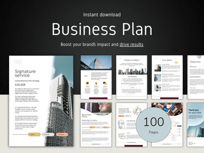 A dark background showing the cover and internal pages of a 100-page business plan template with modern layouts