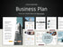 A dark background showing the cover and internal pages of a 100-page business plan template with modern layouts
