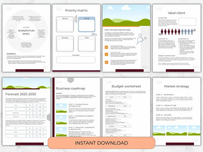 A collection of business planning pages including a priority matrix, financial forecasts, and a budget worksheet.
