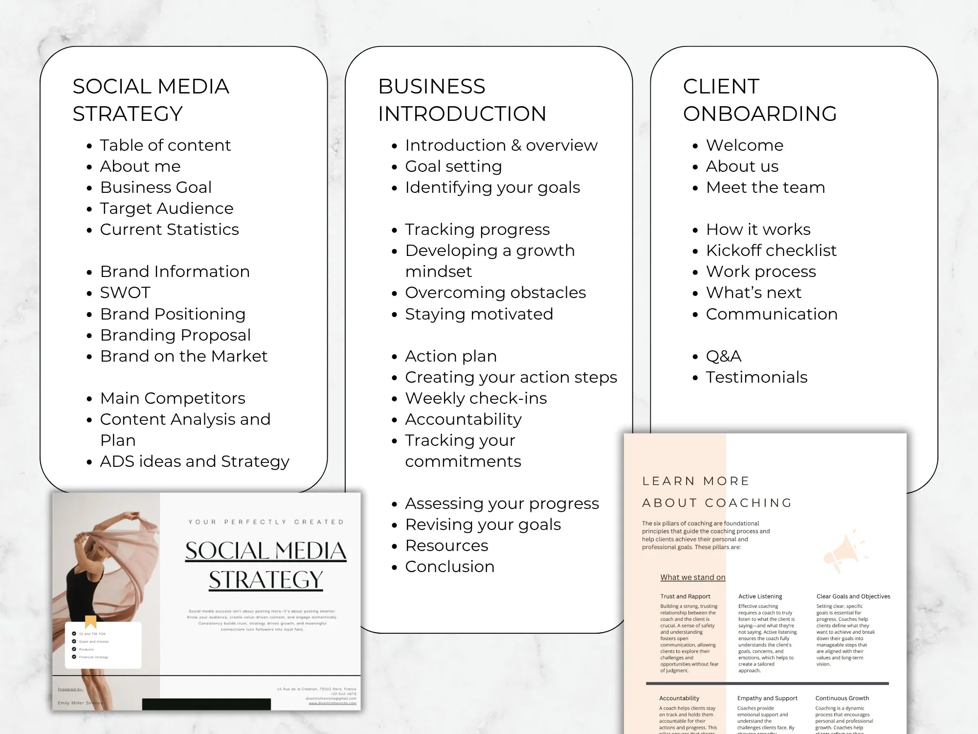Outline of a social media strategy and business coaching plan on a white background
