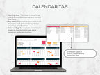 Laptop displaying a calendar with color-coded events on a light gray background
