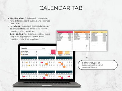 Laptop displaying a calendar with color-coded events on a light gray background