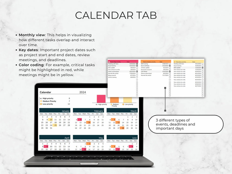 Laptop displaying a calendar with color-coded events on a light gray background