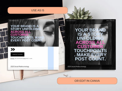 Two variations of a bold brand typography post showing light and dark mode editing options on a workspace grid.