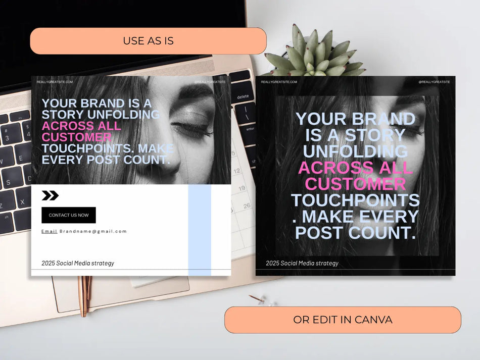 Two variations of a bold brand typography post showing light and dark mode editing options on a workspace grid.