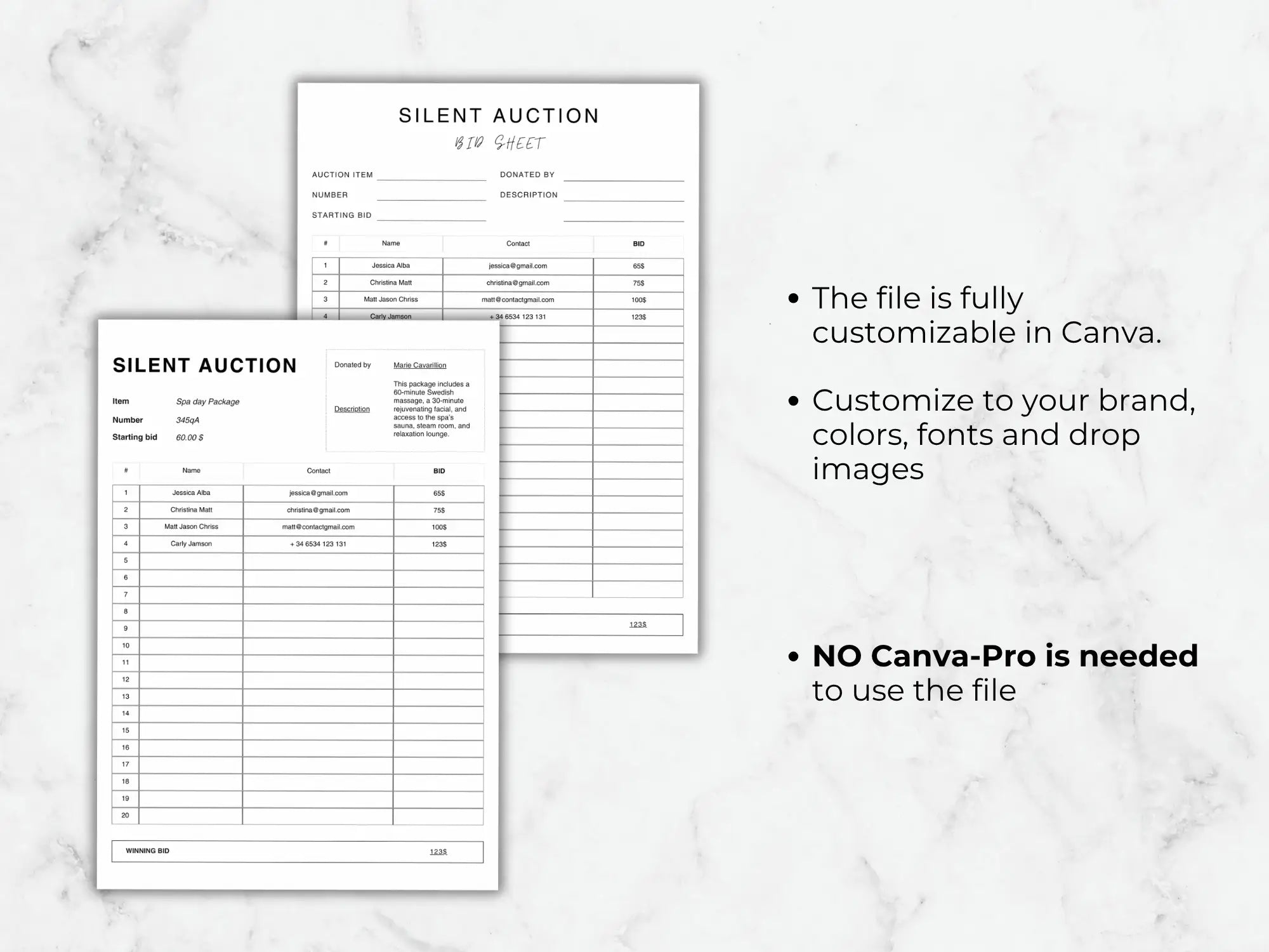 Two silent auction bid sheets on a marble surface with text about customization.