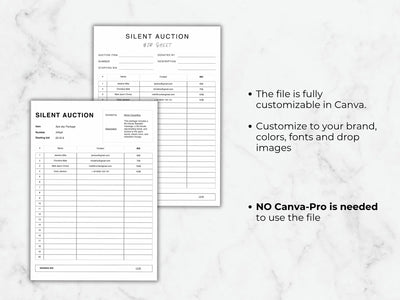 Two silent auction bid sheets on a marble surface with text about customization.