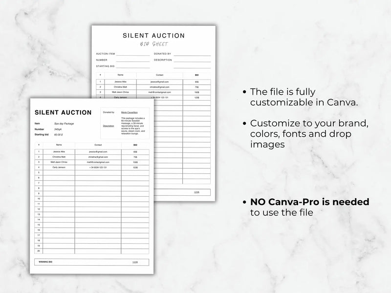Silent Auction Bid Sheet for Fundraisers & Charity Events