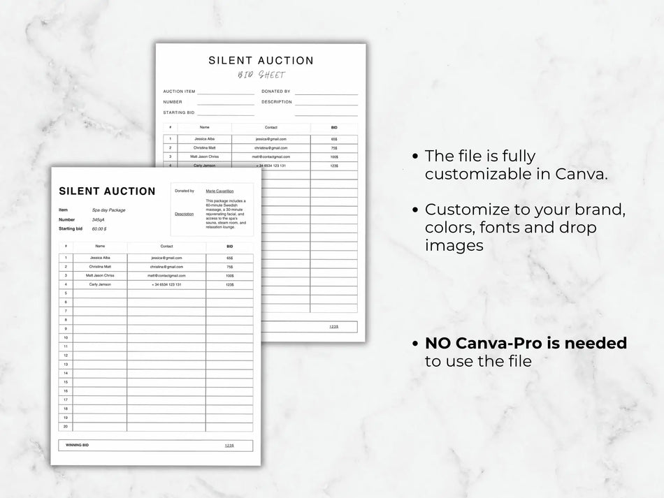 Two silent auction bid sheets on a marble surface with text about customization.