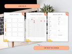 Three planner sheets displayed on a desk with text indicating use as is or edit in Canva.