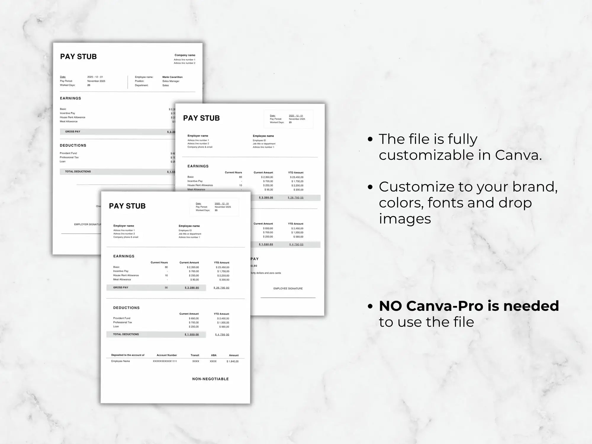 Three pay stub templates on a marble background with text about customization options.