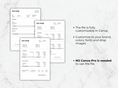 Three pay stub templates on a marble background with text about customization options.