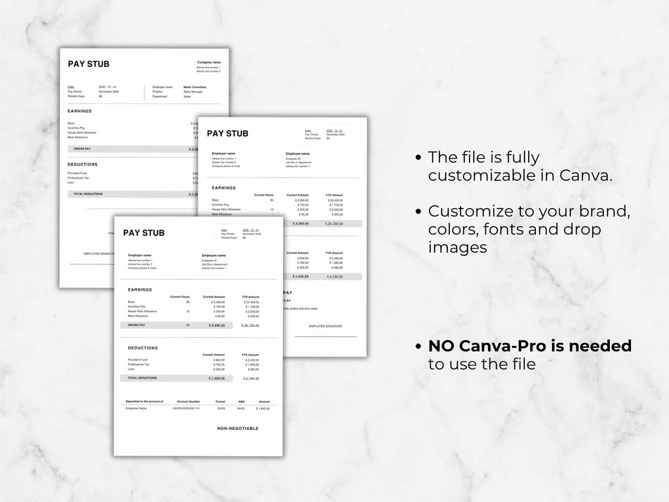 Three pay stub templates on a marble background with text about customization options.