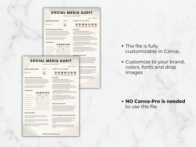 Two social media audit templates on a marble background with text about customization options.