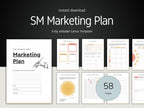 Promotional graphic of a marketing plan template with various pages displayed.