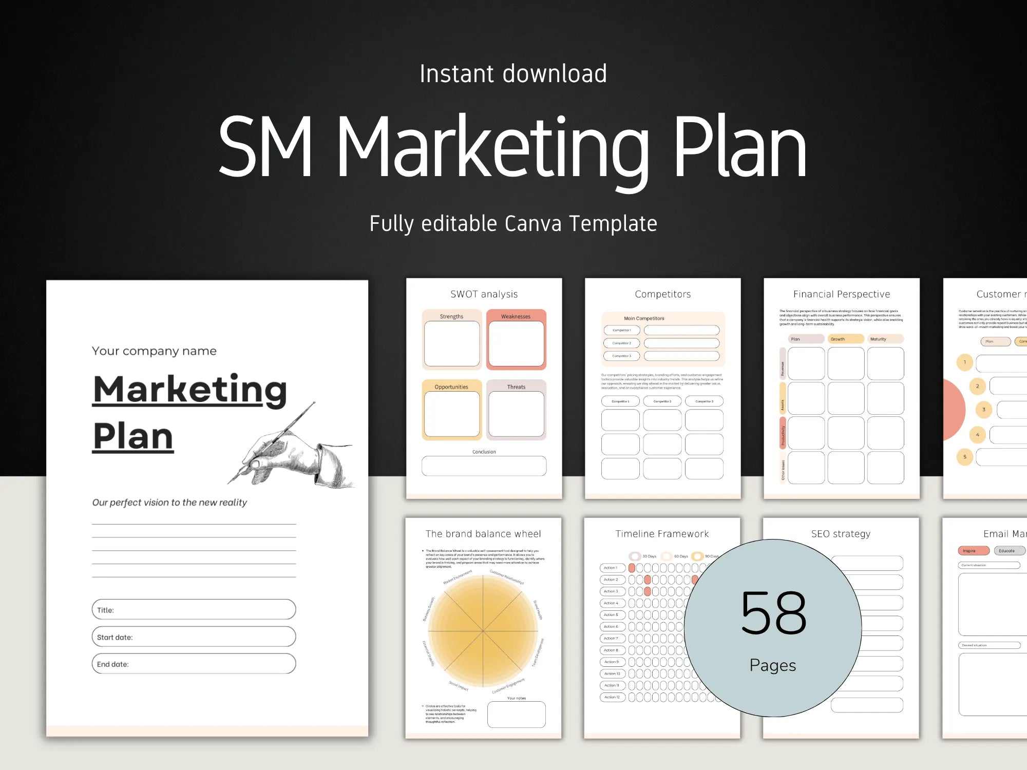 Promotional graphic of a marketing plan template with various pages displayed.
