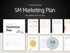 Promotional graphic of a marketing plan template with various pages displayed.