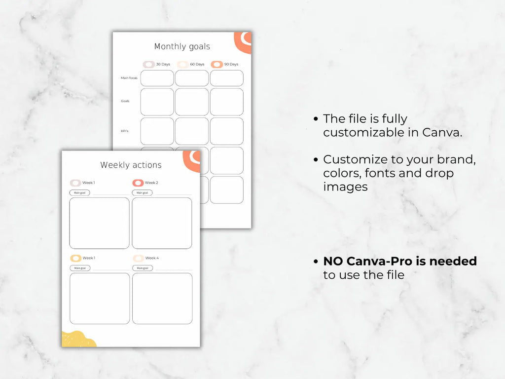 Two planner sheets with text on a marble background