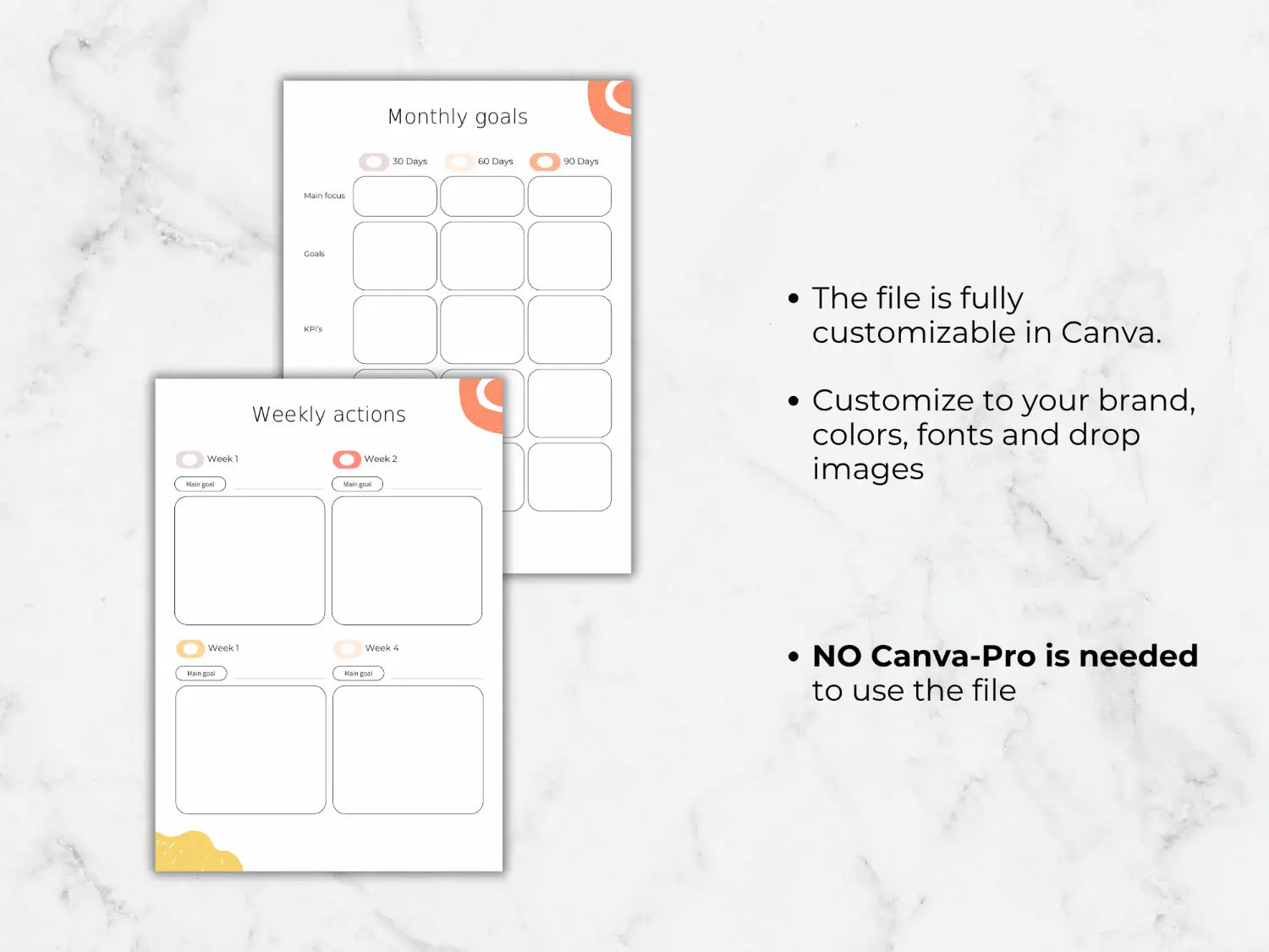 Two planner sheets with text on a marble background