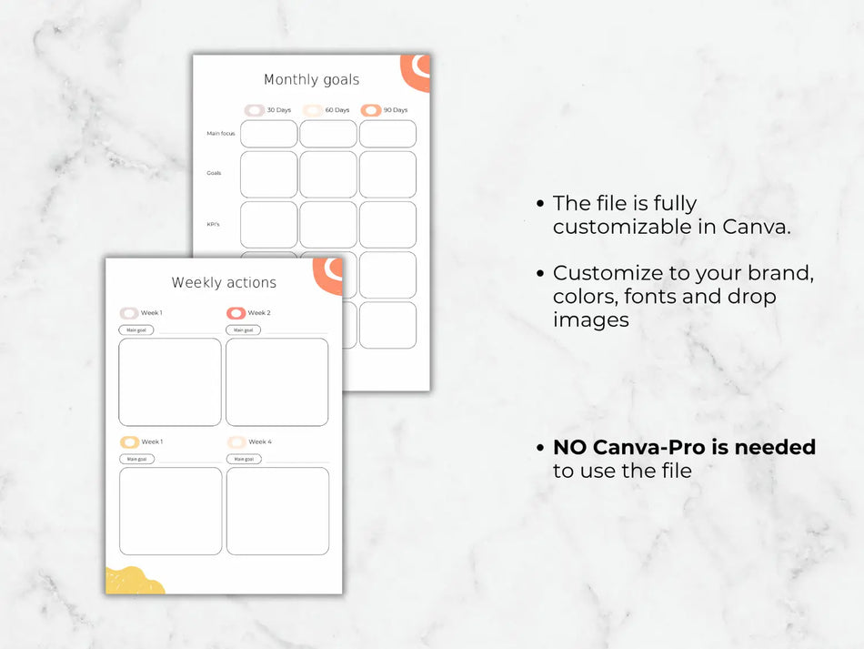 Two planner sheets with text on a marble background