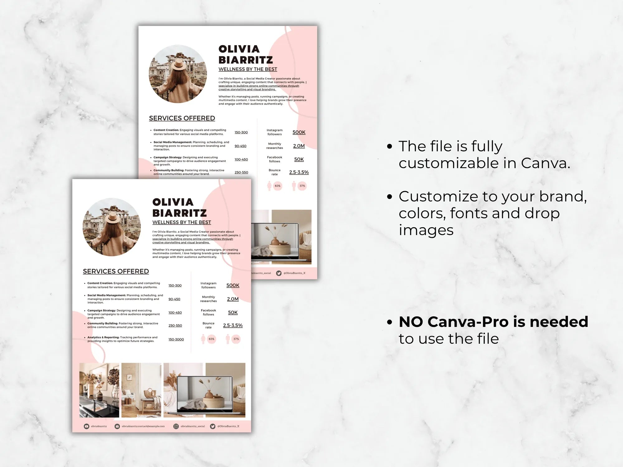 Two versions of a resume template with a pink design on a marble background.
