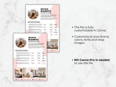 Two versions of a resume template with a pink design on a marble background.